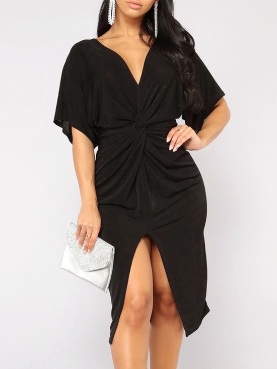 Fashion Nova Dresses & Skirts - Fashion Nova Full Grown Twist-Front Bat Wing Midi Dress w Front Slit, Black, XL